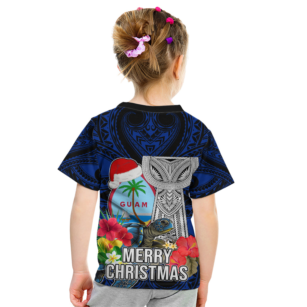 Guam Christmas Kid T Shirt Santa Gift Latte Stone and Sea Turle Mix Hibiscus Chamorro Blue Style LT03 - Polynesian Pride