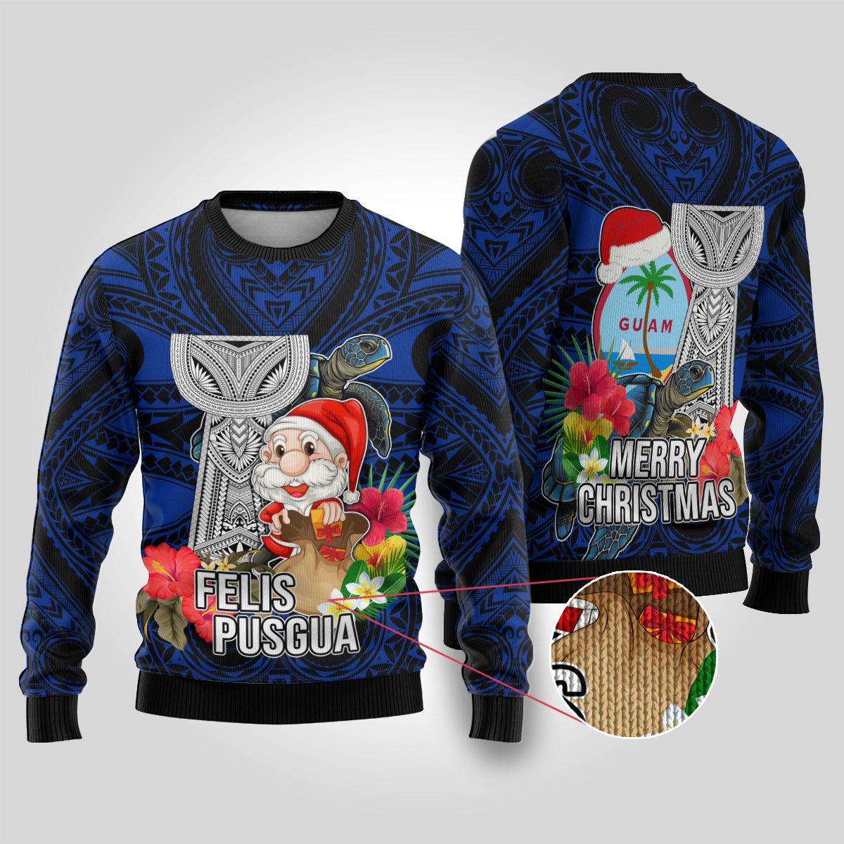 Guam Christmas Ugly Christmas Sweater Santa Gift Latte Stone and Sea Turle Mix Hibiscus Chamorro Blue Style LT03 Blue - Polynesian Pride