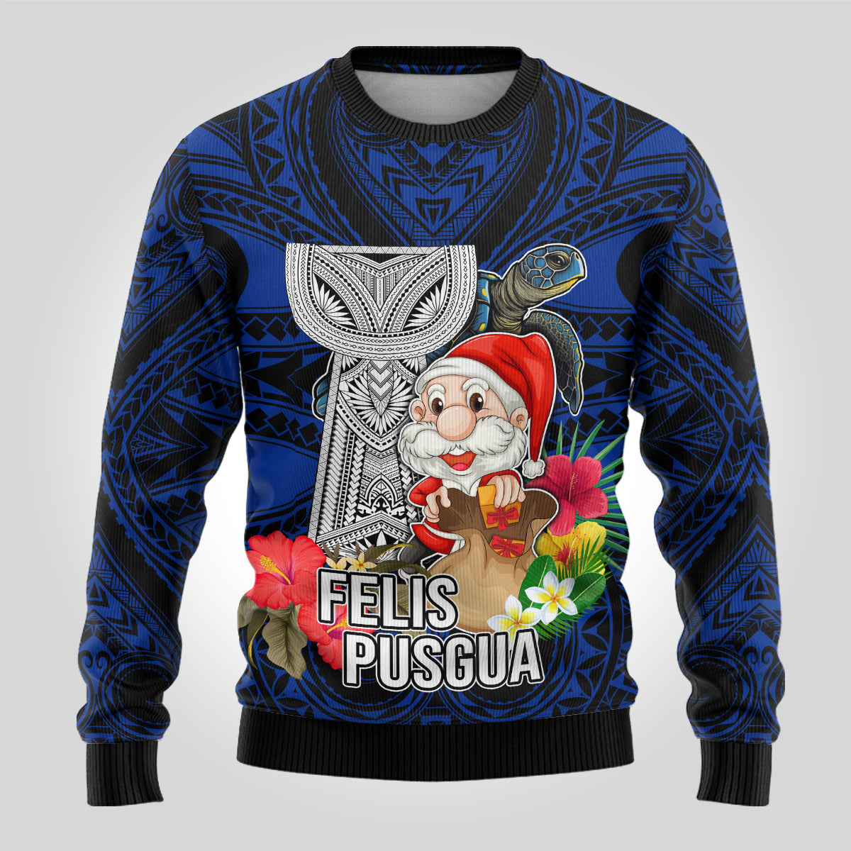 Guam Christmas Ugly Christmas Sweater Santa Gift Latte Stone and Sea Turle Mix Hibiscus Chamorro Blue Style LT03 - Polynesian Pride