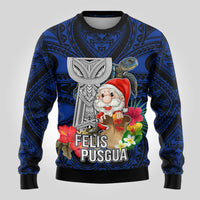 Guam Christmas Ugly Christmas Sweater Santa Gift Latte Stone and Sea Turle Mix Hibiscus Chamorro Blue Style LT03 - Polynesian Pride