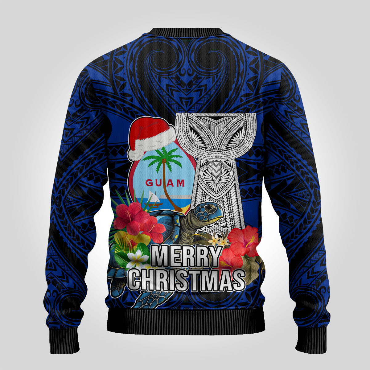 Guam Christmas Ugly Christmas Sweater Santa Gift Latte Stone and Sea Turle Mix Hibiscus Chamorro Blue Style LT03 - Polynesian Pride