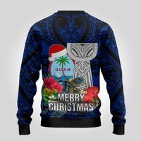 Guam Christmas Ugly Christmas Sweater Santa Gift Latte Stone and Sea Turle Mix Hibiscus Chamorro Blue Style LT03 - Polynesian Pride