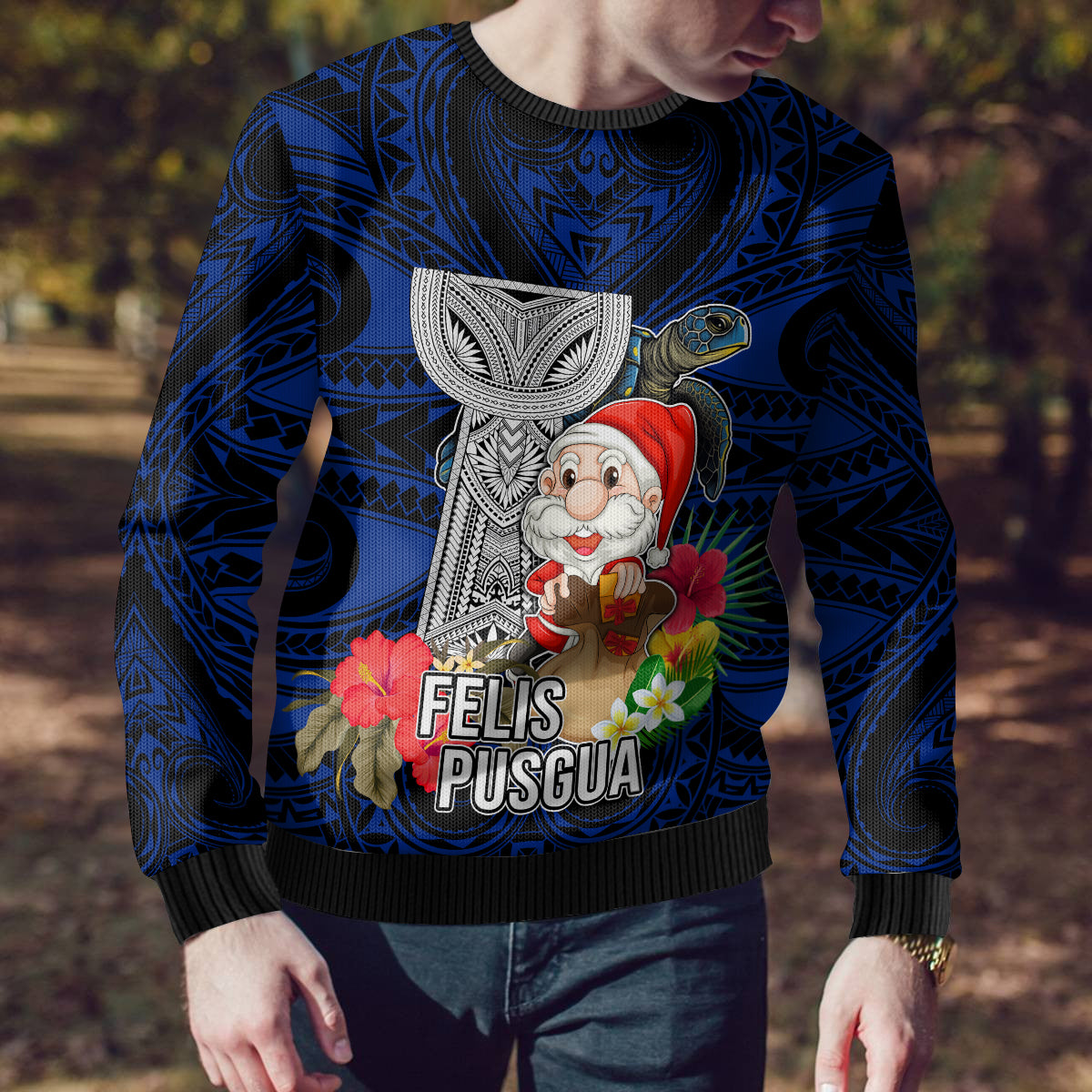 Guam Christmas Ugly Christmas Sweater Santa Gift Latte Stone and Sea Turle Mix Hibiscus Chamorro Blue Style LT03 - Polynesian Pride
