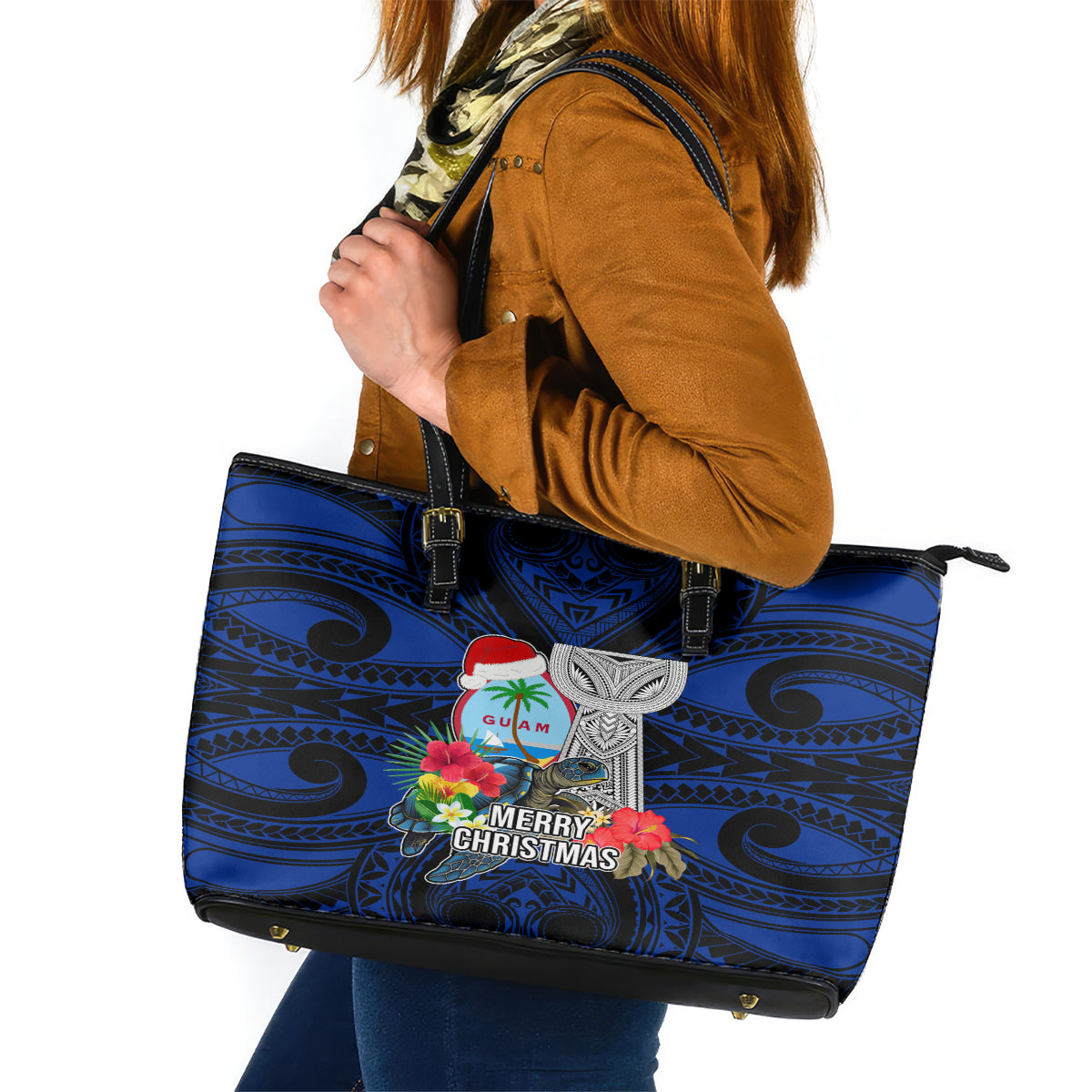 Guam Christmas Leather Tote Bag Santa Gift Latte Stone and Sea Turle Mix Hibiscus Chamorro Blue Style LT03 red - Polynesian Pride