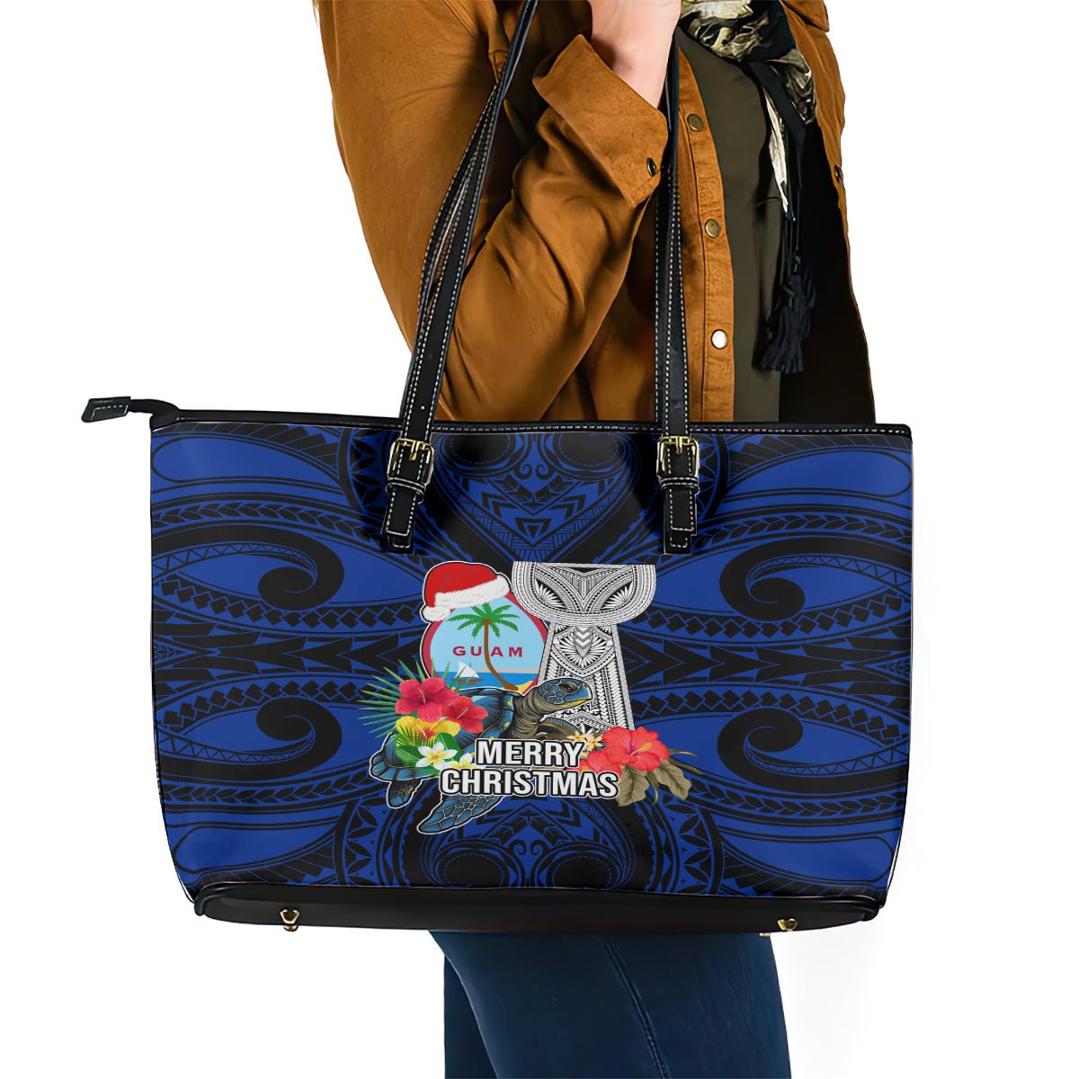 Guam Christmas Leather Tote Bag Santa Gift Latte Stone and Sea Turle Mix Hibiscus Chamorro Blue Style LT03 - Polynesian Pride