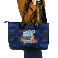Guam Christmas Leather Tote Bag Santa Gift Latte Stone and Sea Turle Mix Hibiscus Chamorro Blue Style LT03 - Polynesian Pride