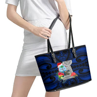 Guam Christmas Leather Tote Bag Santa Gift Latte Stone and Sea Turle Mix Hibiscus Chamorro Blue Style LT03 - Polynesian Pride