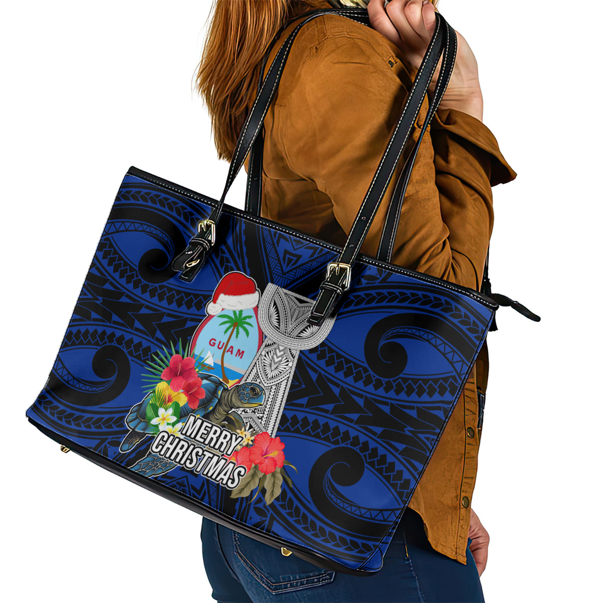 Guam Christmas Leather Tote Bag Santa Gift Latte Stone and Sea Turle Mix Hibiscus Chamorro Blue Style LT03 - Polynesian Pride