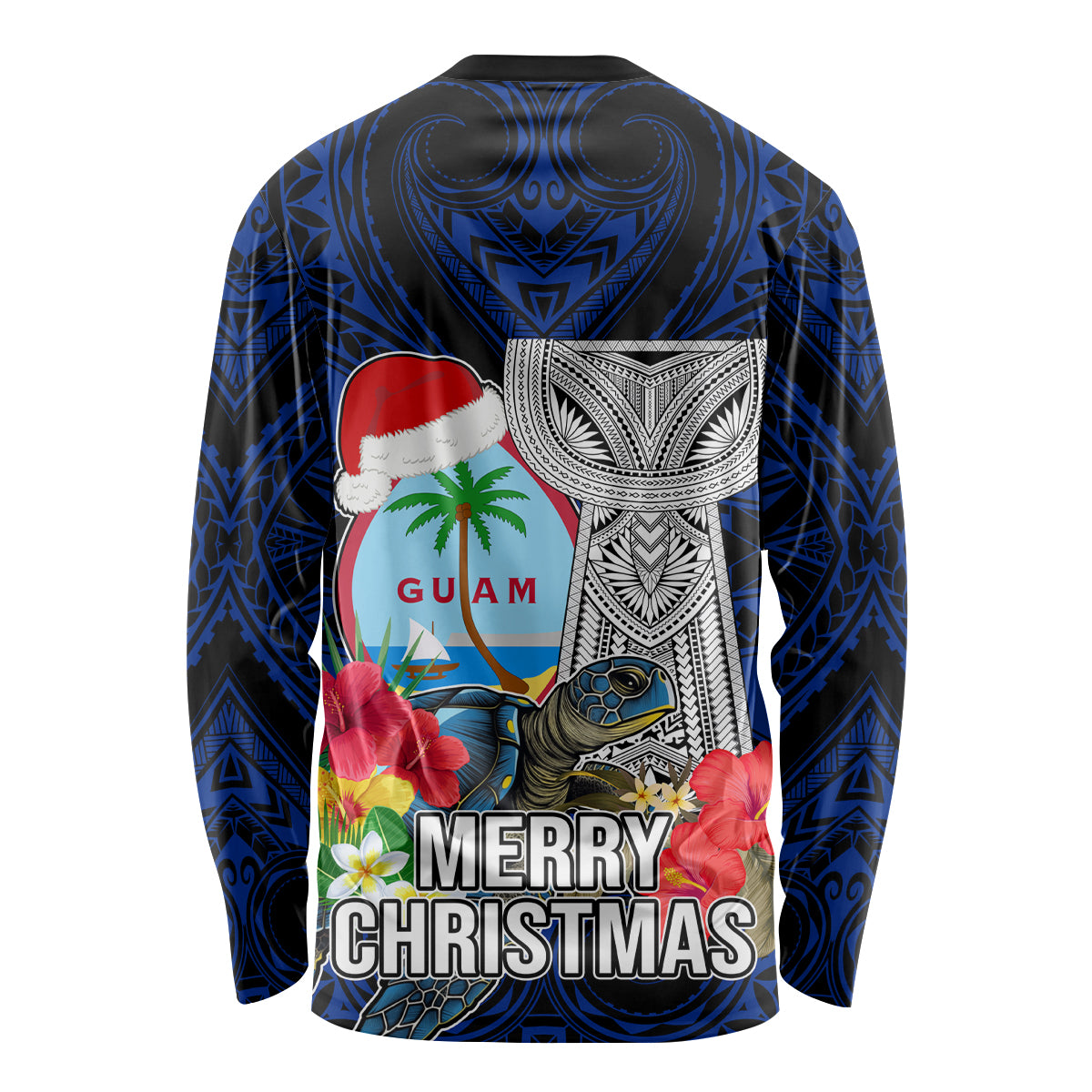 Guam Christmas Long Sleeve Shirt Santa Gift Latte Stone and Sea Turle Mix Hibiscus Chamorro Blue Style LT03 - Polynesian Pride