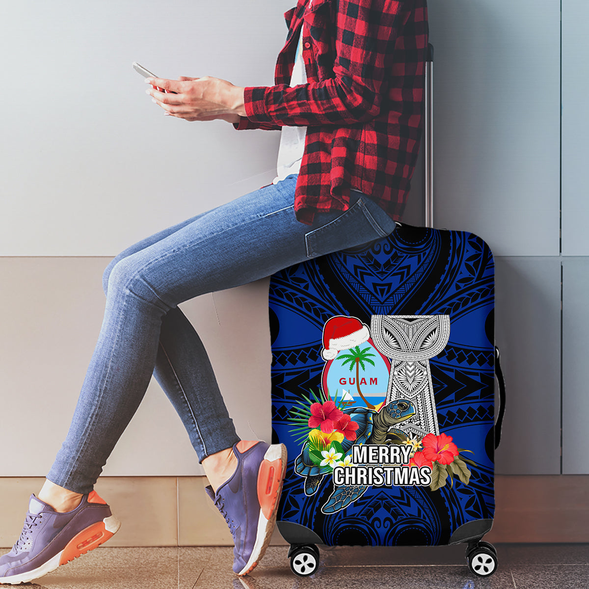 Guam Christmas Luggage Cover Santa Gift Latte Stone and Sea Turle Mix Hibiscus Chamorro Blue Style LT03 - Polynesian Pride