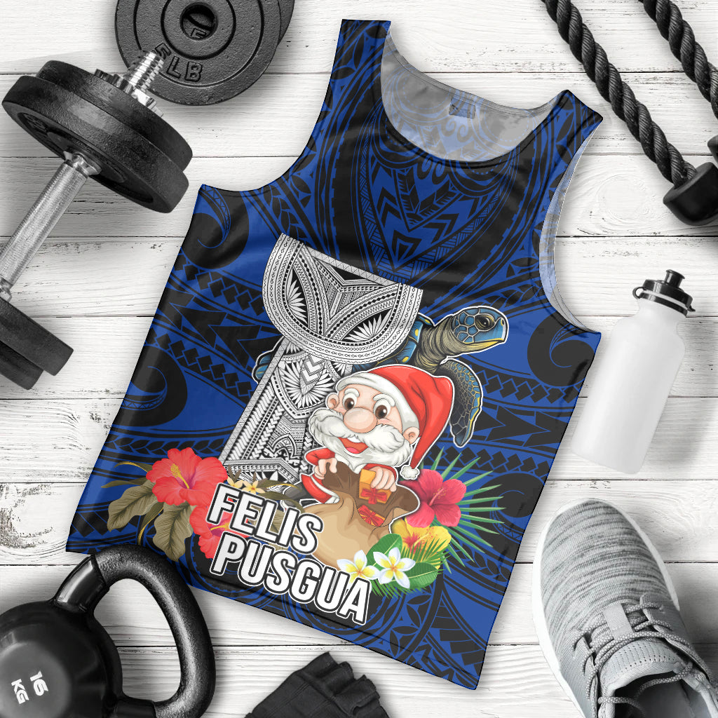 Guam Christmas Men Tank Top Santa Gift Latte Stone and Sea Turle Mix Hibiscus Chamorro Blue Style LT03 - Polynesian Pride