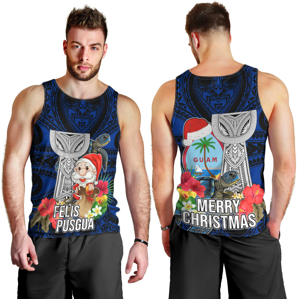 Guam Christmas Men Tank Top Santa Gift Latte Stone and Sea Turle Mix Hibiscus Chamorro Blue Style LT03 - Polynesian Pride