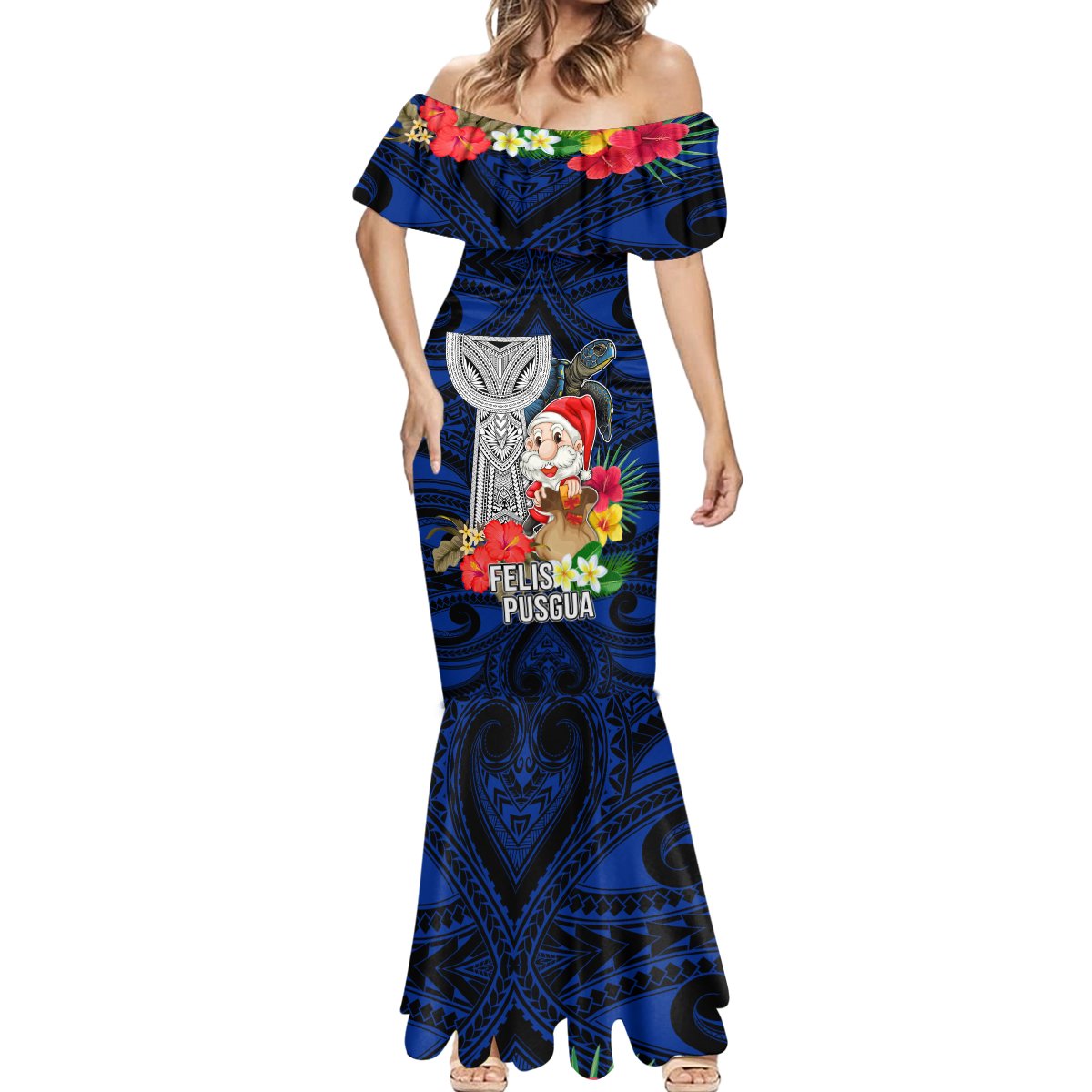 Guam Christmas Mermaid Dress Santa Gift Latte Stone and Sea Turle Mix Hibiscus Chamorro Blue Style LT03 - Polynesian Pride