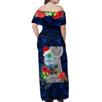 Guam Christmas Off Shoulder Maxi Dress Santa Gift Latte Stone and Sea Turle Mix Hibiscus Chamorro Blue Style LT03 - Polynesian Pride