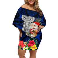 Guam Christmas Off Shoulder Short Dress Santa Gift Latte Stone and Sea Turle Mix Hibiscus Chamorro Blue Style LT03 Women Blue - Polynesian Pride