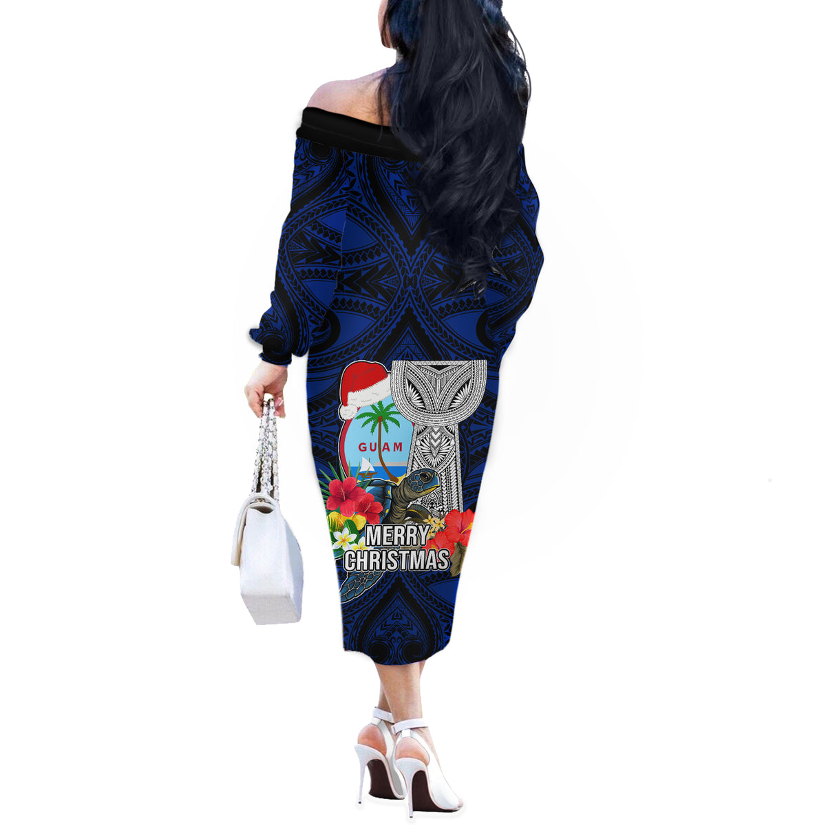 Guam Christmas Off The Shoulder Long Sleeve Dress Santa Gift Latte Stone and Sea Turle Mix Hibiscus Chamorro Blue Style LT03 - Polynesian Pride