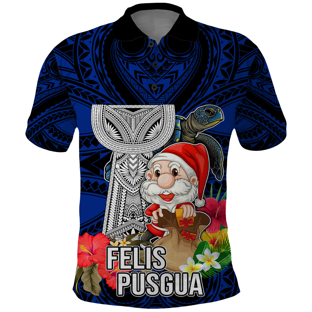 Guam Christmas Polo Shirt Santa Gift Latte Stone and Sea Turle Mix Hibiscus Chamorro Blue Style LT03 Blue - Polynesian Pride