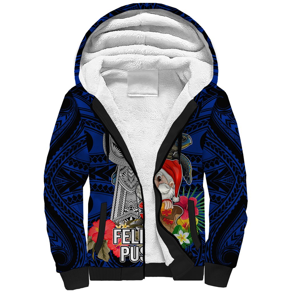 Guam Christmas Sherpa Hoodie Santa Gift Latte Stone and Sea Turle Mix Hibiscus Chamorro Blue Style LT03 Unisex Blue - Polynesian Pride