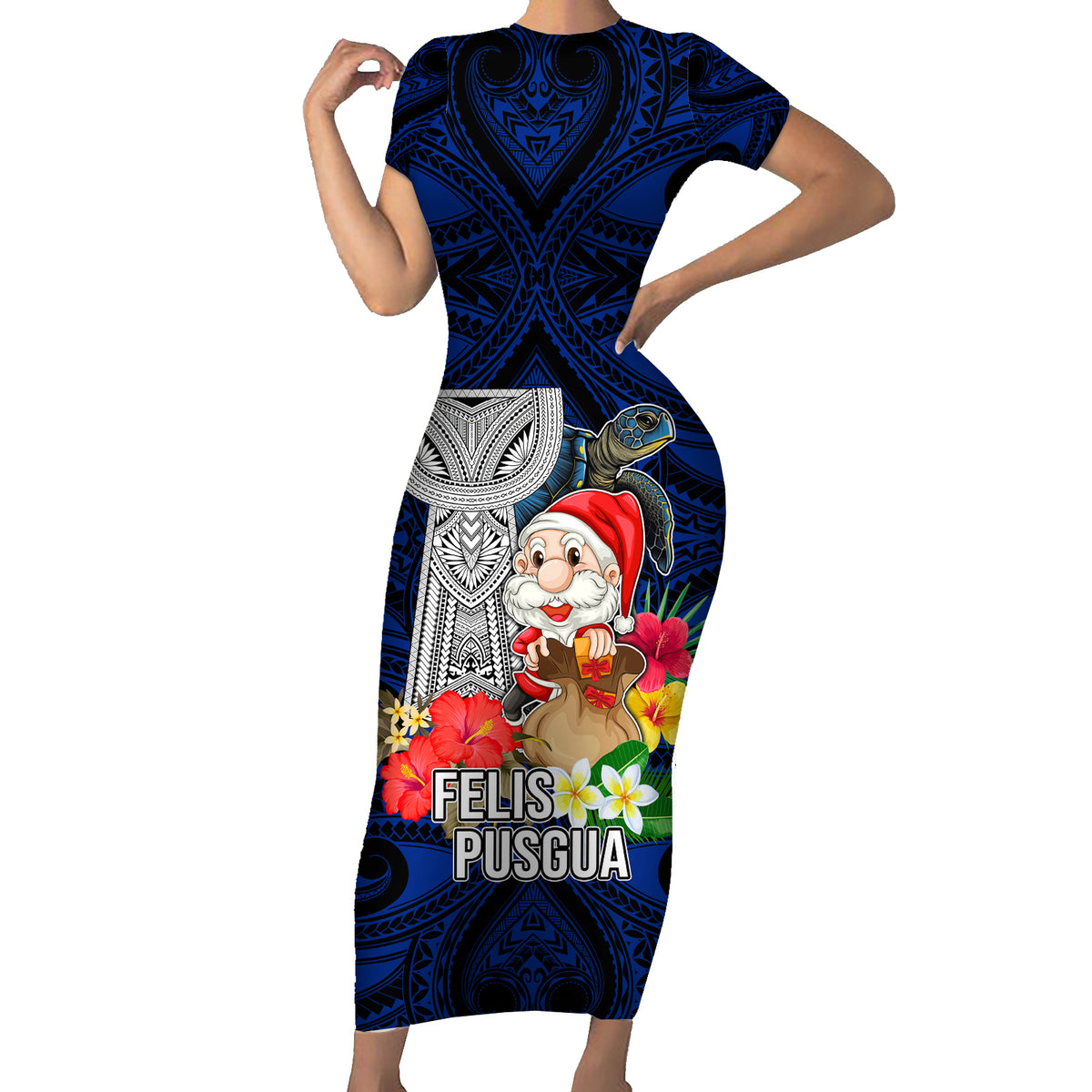 Guam Christmas Short Sleeve Bodycon Dress Santa Gift Latte Stone and Sea Turle Mix Hibiscus Chamorro Blue Style LT03 Long Dress Blue - Polynesian Pride