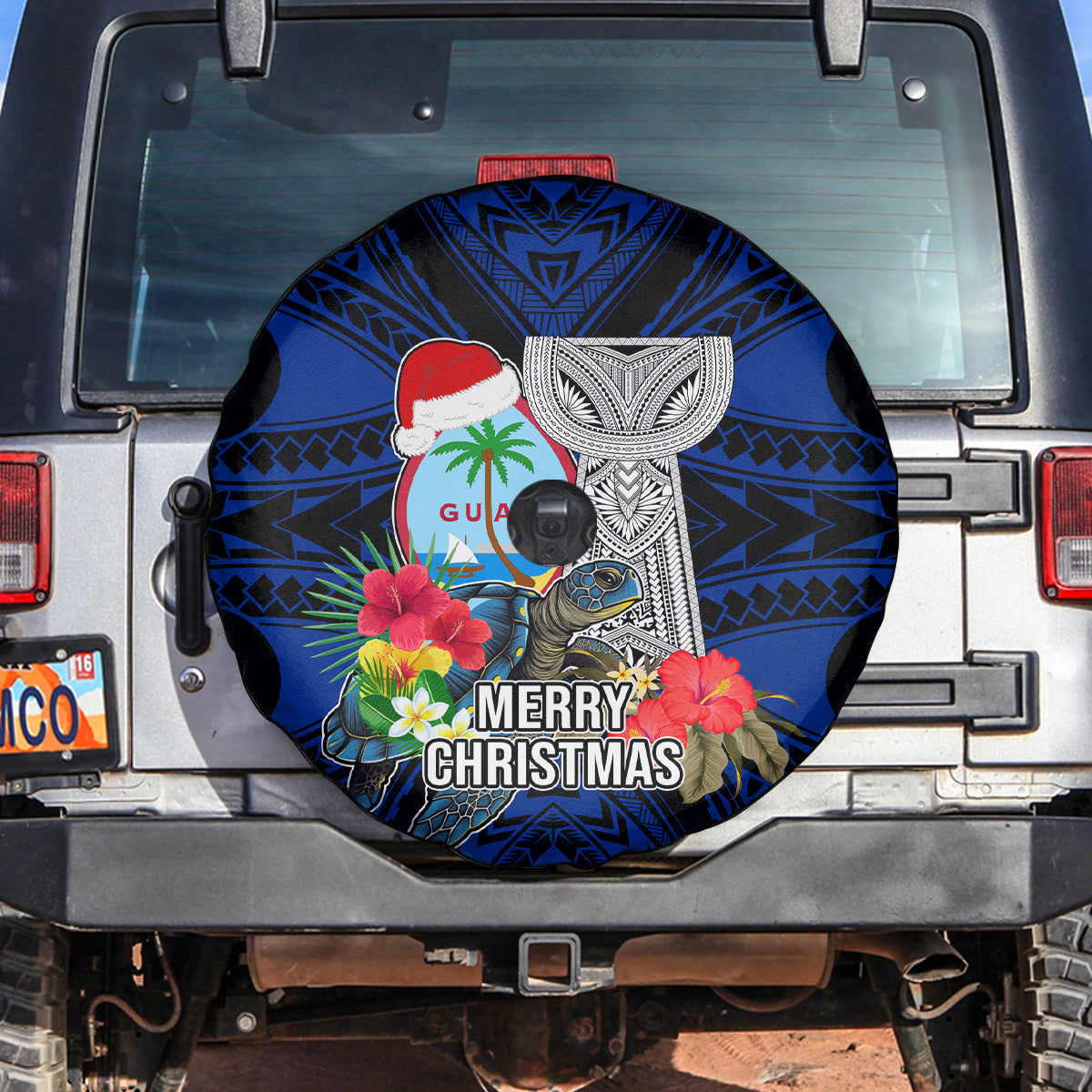 Guam Christmas Spare Tire Cover Santa Gift Latte Stone and Sea Turle Mix Hibiscus Chamorro Blue Style LT03 red - Polynesian Pride