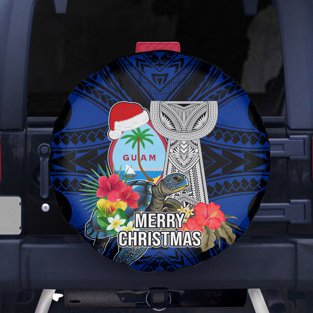 Guam Christmas Spare Tire Cover Santa Gift Latte Stone and Sea Turle Mix Hibiscus Chamorro Blue Style LT03 - Polynesian Pride