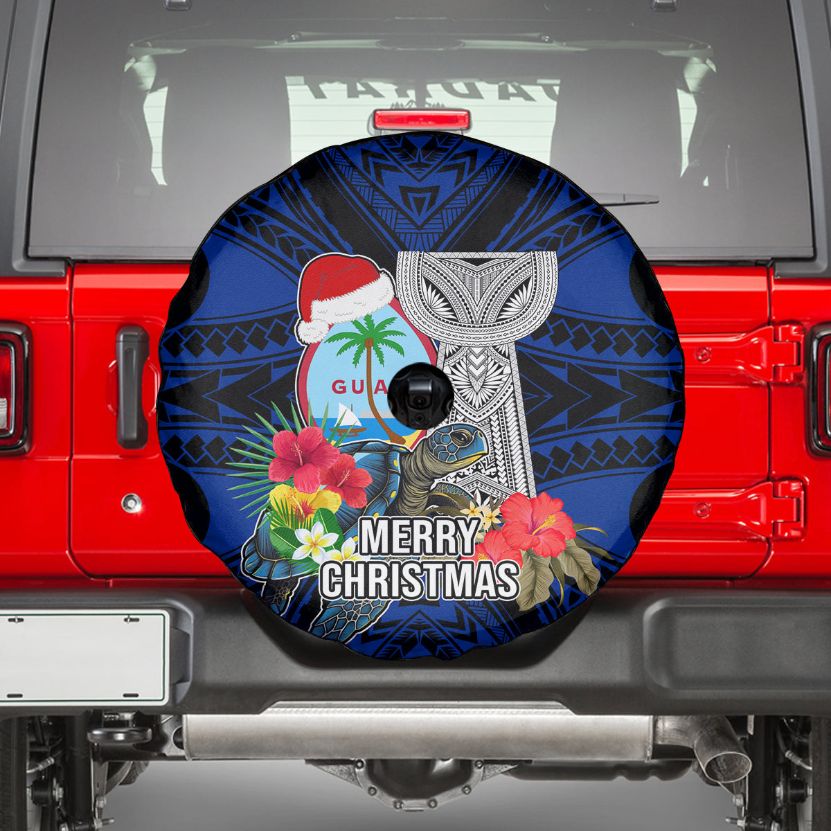 Guam Christmas Spare Tire Cover Santa Gift Latte Stone and Sea Turle Mix Hibiscus Chamorro Blue Style LT03 - Polynesian Pride