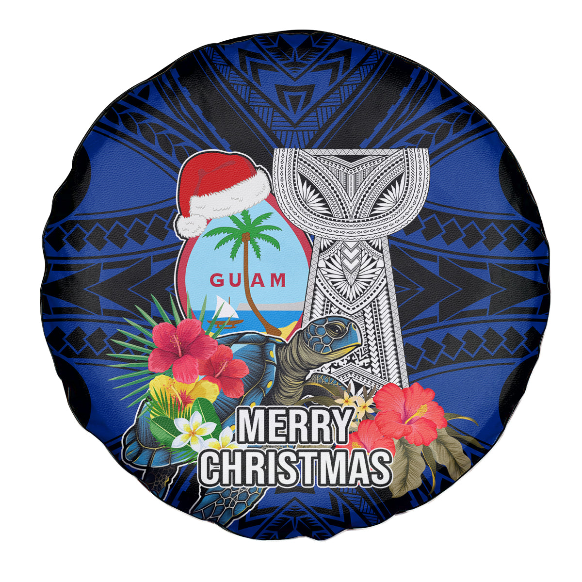 Guam Christmas Spare Tire Cover Santa Gift Latte Stone and Sea Turle Mix Hibiscus Chamorro Blue Style LT03 - Polynesian Pride