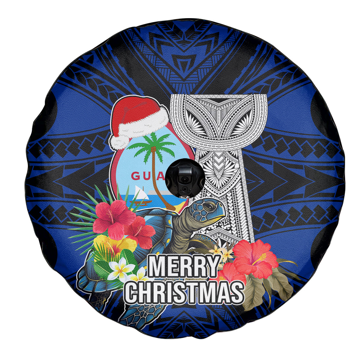 Guam Christmas Spare Tire Cover Santa Gift Latte Stone and Sea Turle Mix Hibiscus Chamorro Blue Style LT03 - Polynesian Pride