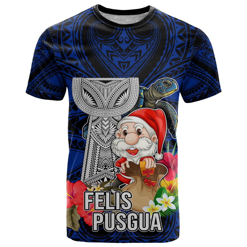 Guam Christmas T Shirt Santa Gift Latte Stone and Sea Turle Mix Hibiscus Chamorro Blue Style LT03 Blue - Polynesian Pride