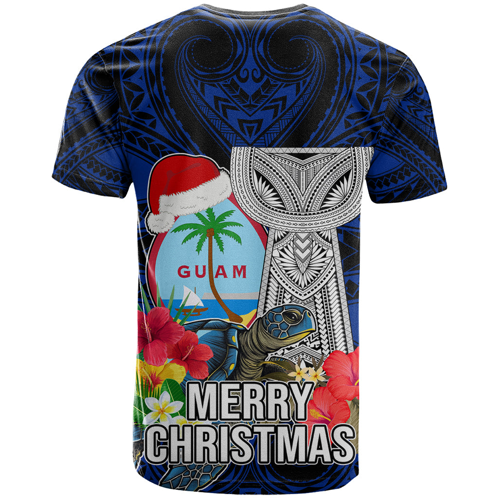 Guam Christmas T Shirt Santa Gift Latte Stone and Sea Turle Mix Hibiscus Chamorro Blue Style LT03 - Polynesian Pride