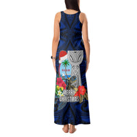 Guam Christmas Tank Maxi Dress Santa Gift Latte Stone and Sea Turle Mix Hibiscus Chamorro Blue Style LT03 - Polynesian Pride