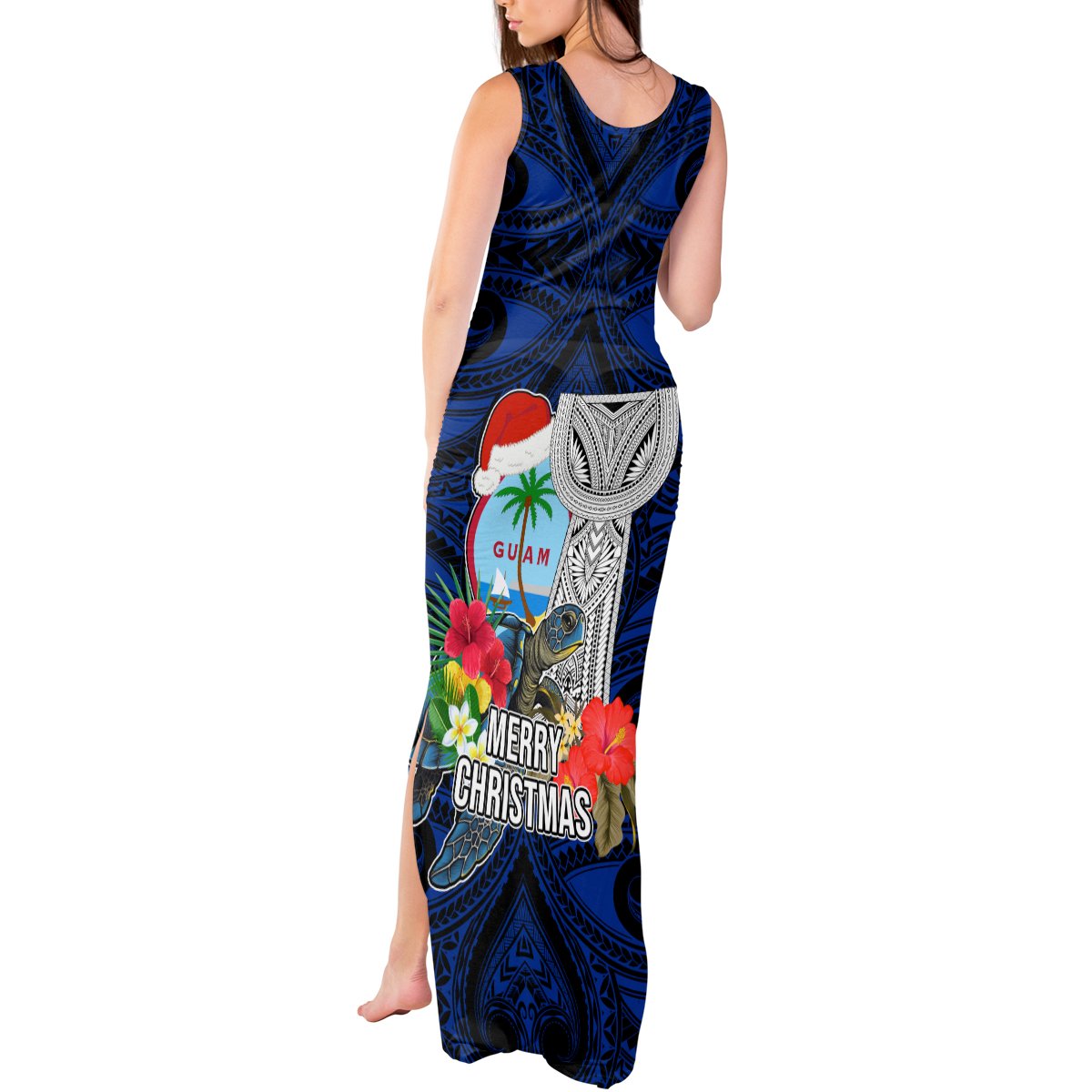 Guam Christmas Tank Maxi Dress Santa Gift Latte Stone and Sea Turle Mix Hibiscus Chamorro Blue Style LT03 - Polynesian Pride