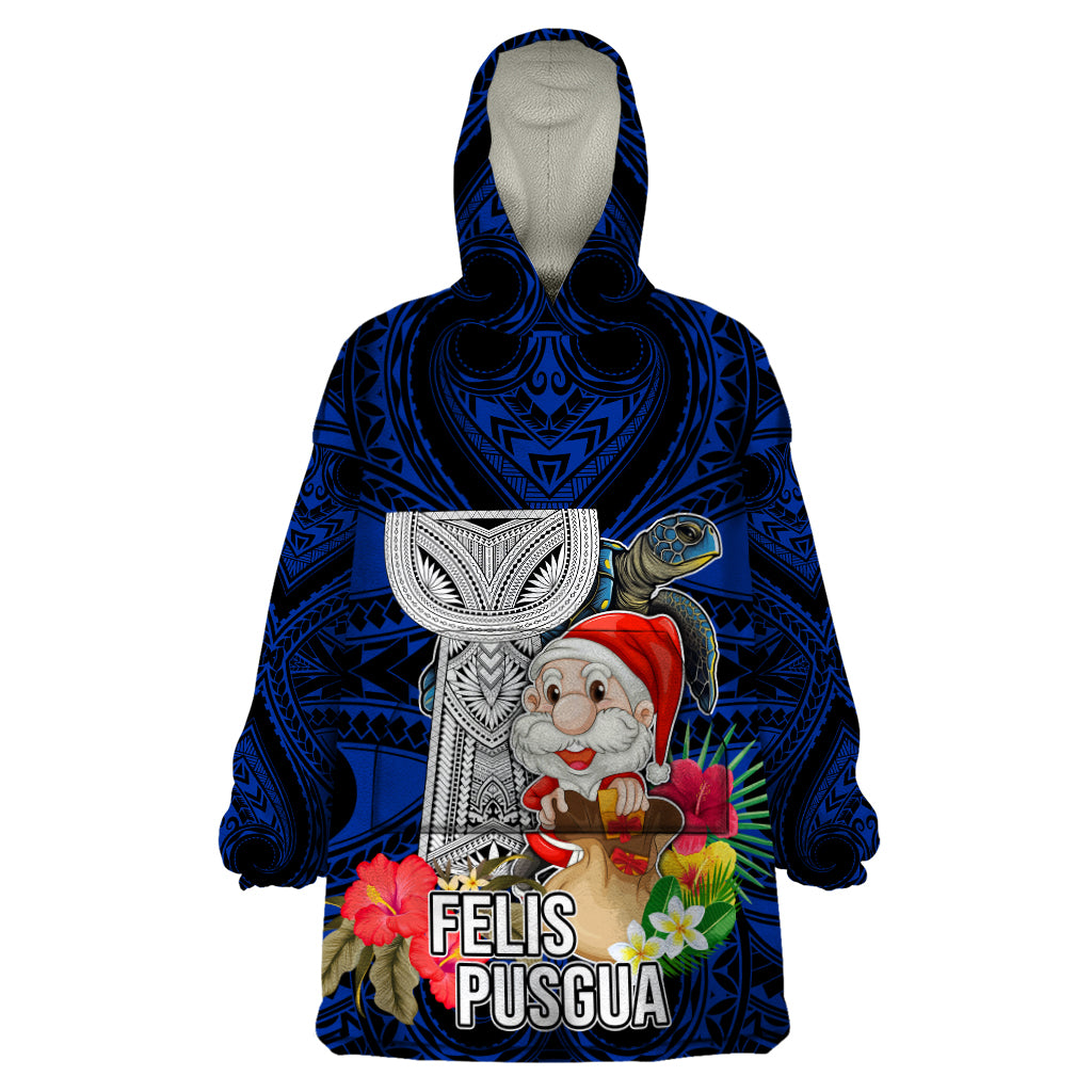 Guam Christmas Wearable Blanket Hoodie Santa Gift Latte Stone and Sea Turle Mix Hibiscus Chamorro Blue Style LT03 One Size Blue - Polynesian Pride