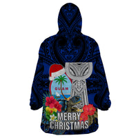 Guam Christmas Wearable Blanket Hoodie Santa Gift Latte Stone and Sea Turle Mix Hibiscus Chamorro Blue Style LT03 - Polynesian Pride