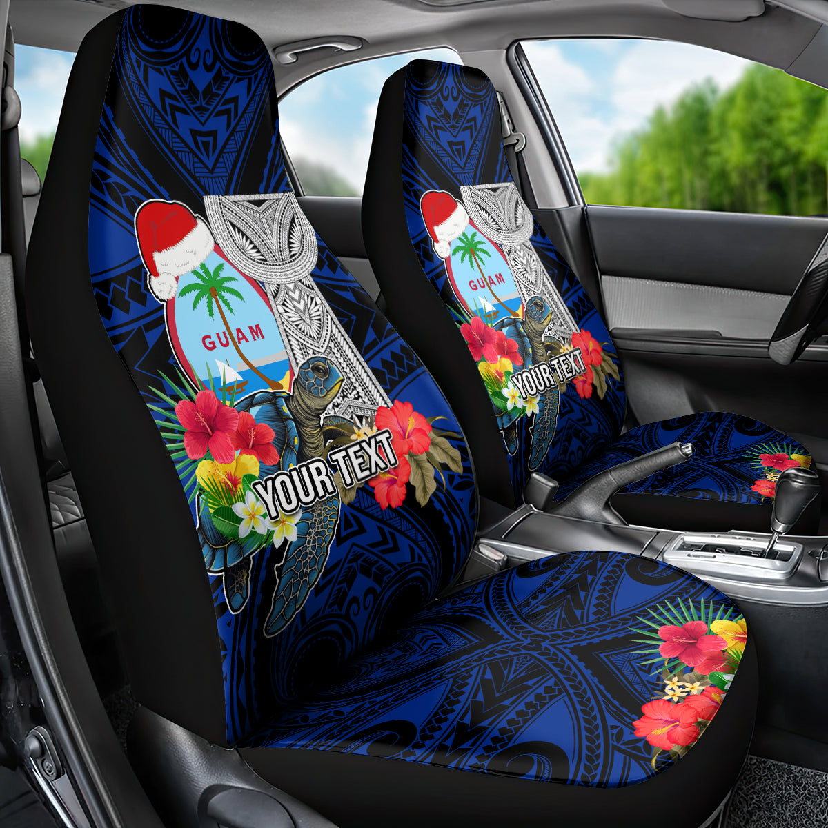 Custom Guam Christmas Car Seat Cover Santa Gift Latte Stone and Sea Turle Mix Hibiscus Chamorro Blue Style LT03 - Polynesian Pride