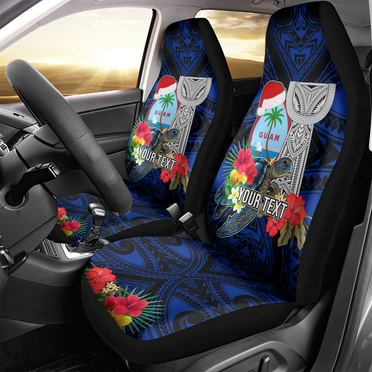 Custom Guam Christmas Car Seat Cover Santa Gift Latte Stone and Sea Turle Mix Hibiscus Chamorro Blue Style LT03 - Polynesian Pride