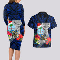 Custom Guam Christmas Couples Matching Long Sleeve Bodycon Dress and Hawaiian Shirt Santa Gift Latte Stone and Sea Turle Mix Hibiscus Chamorro Blue Style LT03 - Polynesian Pride