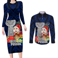 Custom Guam Christmas Couples Matching Long Sleeve Bodycon Dress and Long Sleeve Button Shirt Santa Gift Latte Stone and Sea Turle Mix Hibiscus Chamorro Blue Style LT03 Blue - Polynesian Pride