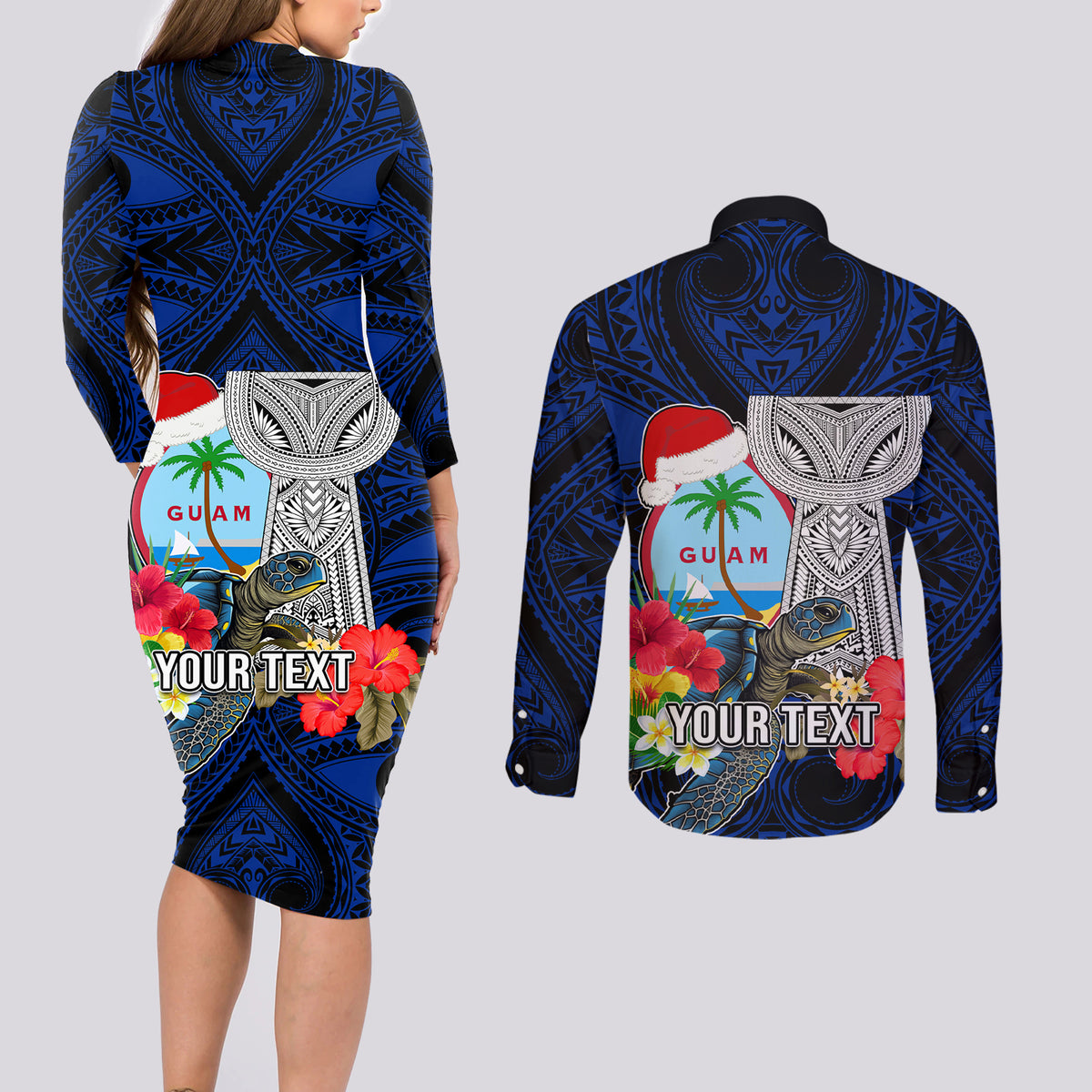 Custom Guam Christmas Couples Matching Long Sleeve Bodycon Dress and Long Sleeve Button Shirt Santa Gift Latte Stone and Sea Turle Mix Hibiscus Chamorro Blue Style LT03 - Polynesian Pride