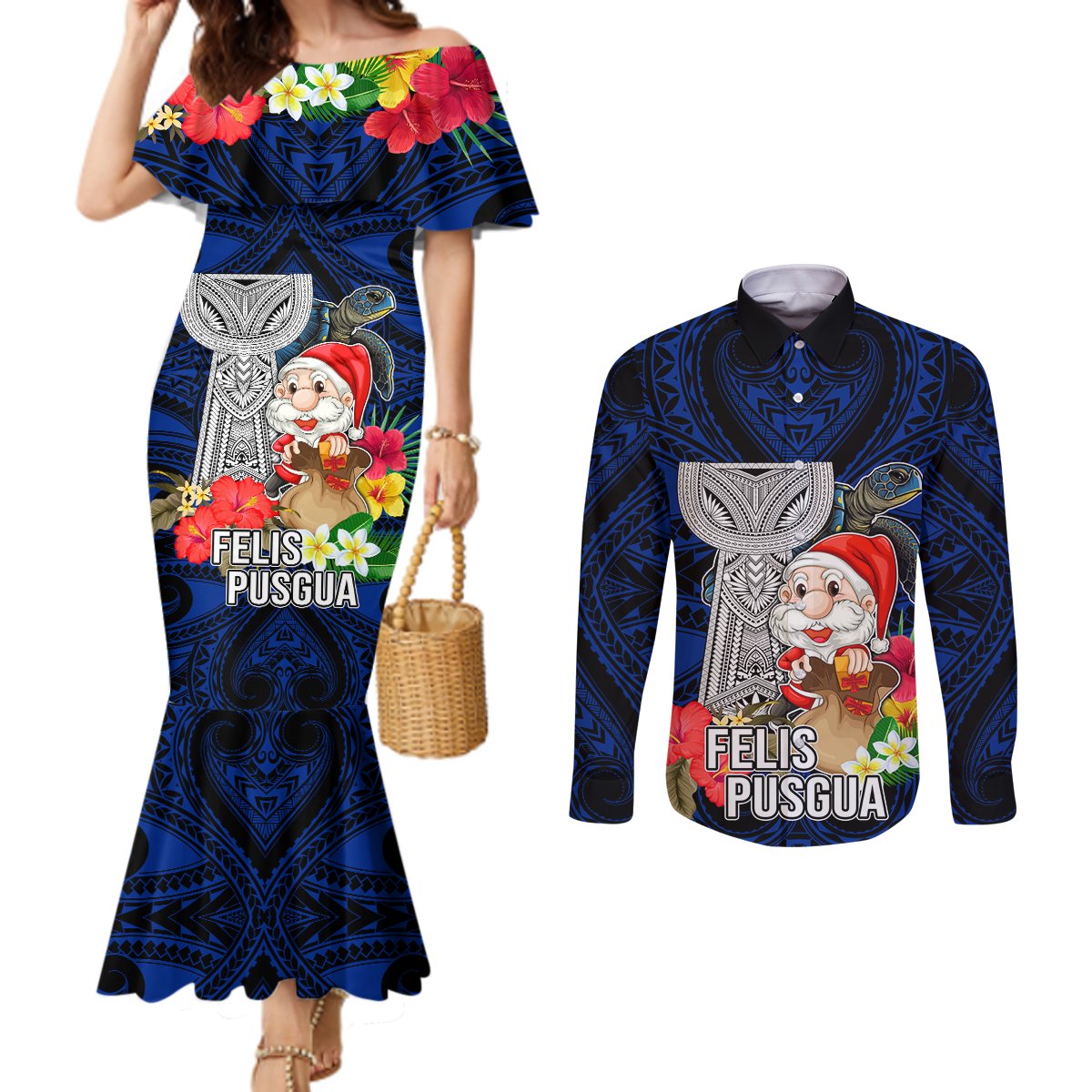 Custom Guam Christmas Couples Matching Mermaid Dress and Long Sleeve Button Shirt Santa Gift Latte Stone and Sea Turle Mix Hibiscus Chamorro Blue Style LT03