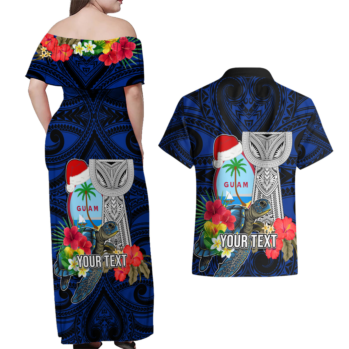 Custom Guam Christmas Couples Matching Off Shoulder Maxi Dress and Hawaiian Shirt Santa Gift Latte Stone and Sea Turle Mix Hibiscus Chamorro Blue Style LT03 - Polynesian Pride
