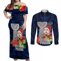 Custom Guam Christmas Couples Matching Off Shoulder Maxi Dress and Long Sleeve Button Shirt Santa Gift Latte Stone and Sea Turle Mix Hibiscus Chamorro Blue Style LT03 Blue - Polynesian Pride