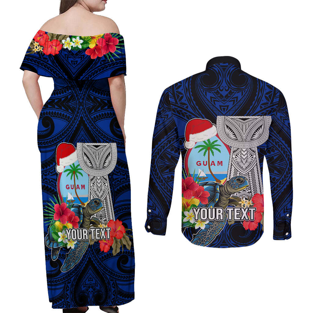 Custom Guam Christmas Couples Matching Off Shoulder Maxi Dress and Long Sleeve Button Shirt Santa Gift Latte Stone and Sea Turle Mix Hibiscus Chamorro Blue Style LT03 - Polynesian Pride