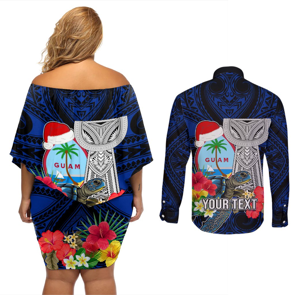 Custom Guam Christmas Couples Matching Off Shoulder Short Dress and Long Sleeve Button Shirt Santa Gift Latte Stone and Sea Turle Mix Hibiscus Chamorro Blue Style LT03 - Polynesian Pride