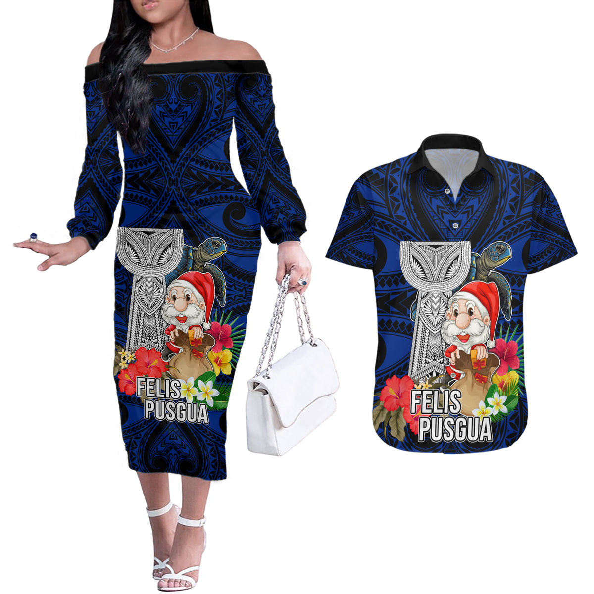 Custom Guam Christmas Couples Matching Off The Shoulder Long Sleeve Dress and Hawaiian Shirt Santa Gift Latte Stone and Sea Turle Mix Hibiscus Chamorro Blue Style LT03 Blue - Polynesian Pride