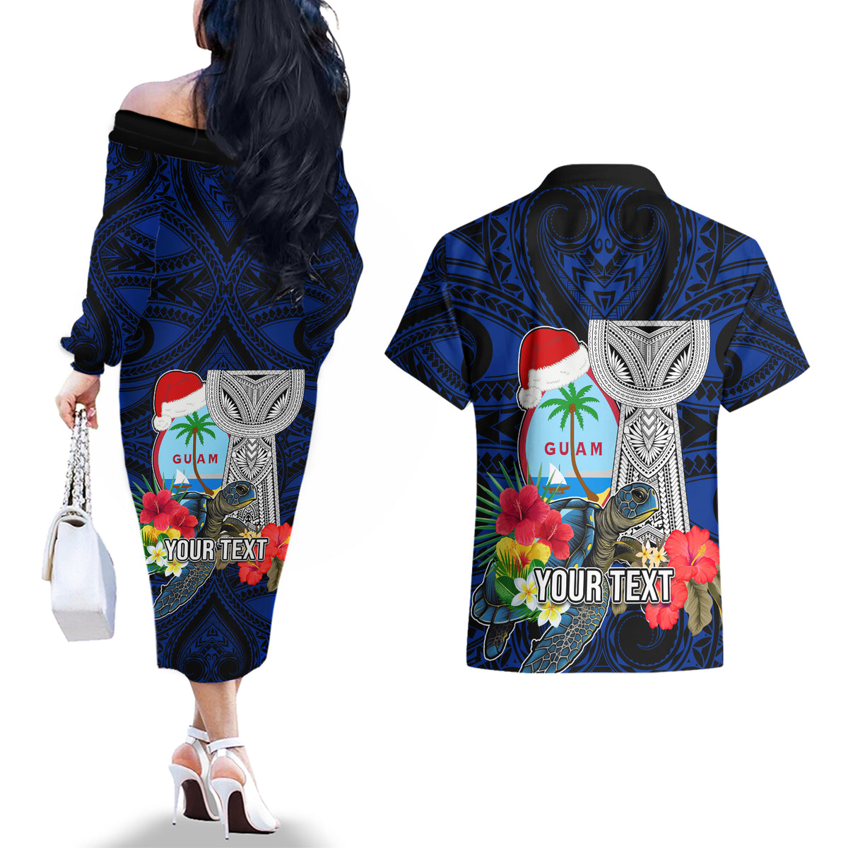 Custom Guam Christmas Couples Matching Off The Shoulder Long Sleeve Dress and Hawaiian Shirt Santa Gift Latte Stone and Sea Turle Mix Hibiscus Chamorro Blue Style LT03 - Polynesian Pride