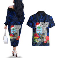 Custom Guam Christmas Couples Matching Off The Shoulder Long Sleeve Dress and Hawaiian Shirt Santa Gift Latte Stone and Sea Turle Mix Hibiscus Chamorro Blue Style LT03 - Polynesian Pride