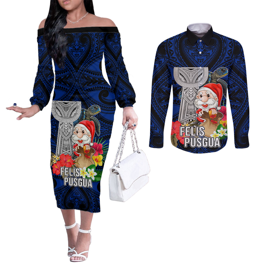 Custom Guam Christmas Couples Matching Off The Shoulder Long Sleeve Dress and Long Sleeve Button Shirt Santa Gift Latte Stone and Sea Turle Mix Hibiscus Chamorro Blue Style LT03 Blue - Polynesian Pride