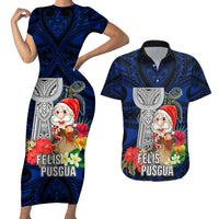 Custom Guam Christmas Couples Matching Short Sleeve Bodycon Dress and Hawaiian Shirt Santa Gift Latte Stone and Sea Turle Mix Hibiscus Chamorro Blue Style LT03 Blue - Polynesian Pride
