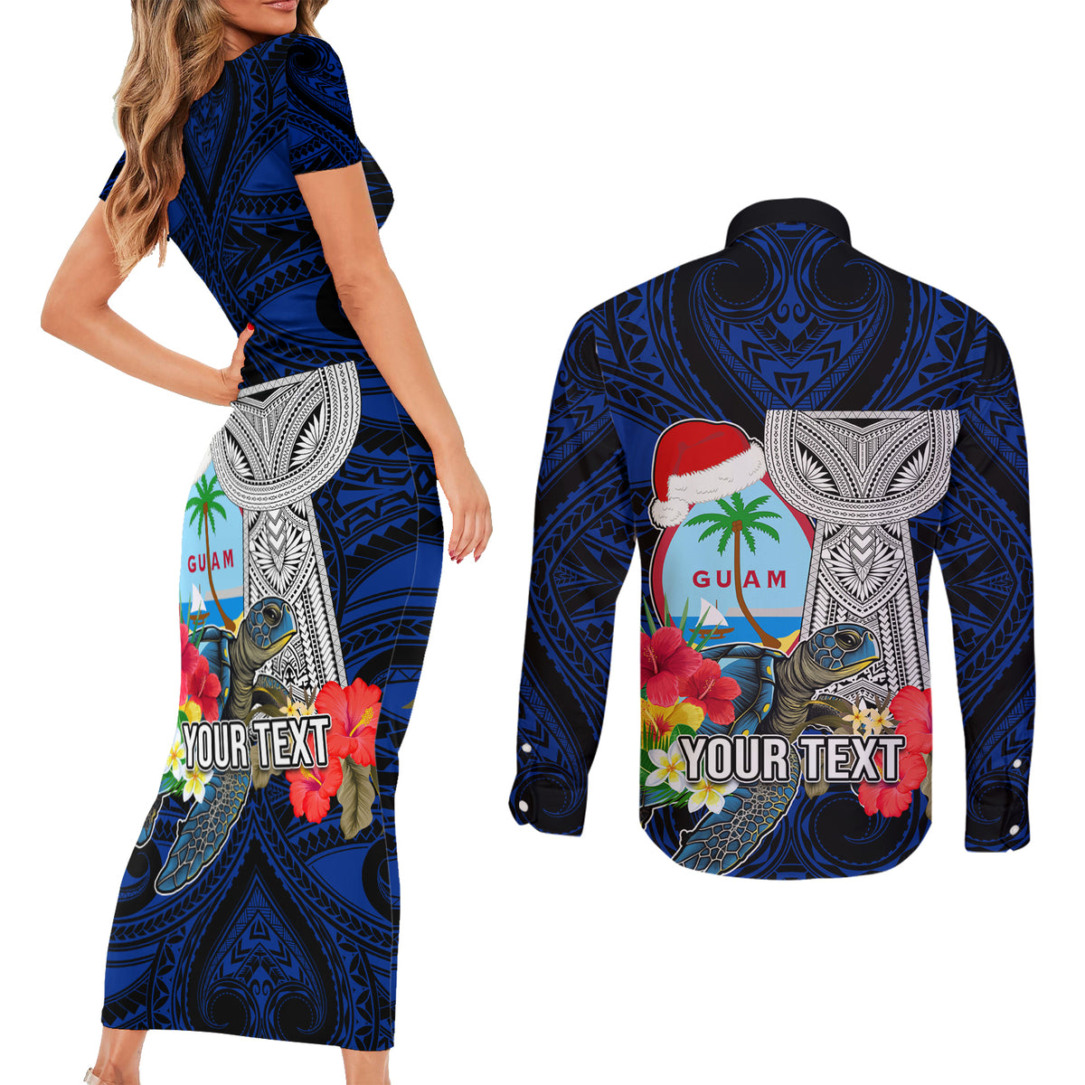 Custom Guam Christmas Couples Matching Short Sleeve Bodycon Dress and Long Sleeve Button Shirt Santa Gift Latte Stone and Sea Turle Mix Hibiscus Chamorro Blue Style LT03 - Polynesian Pride